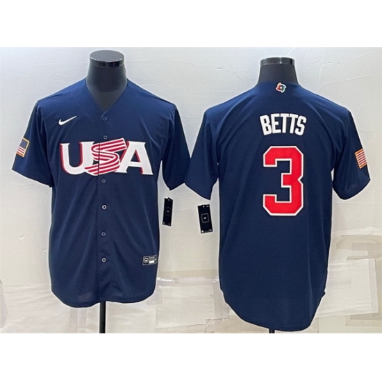Men USA Baseball 3 Mookie Betts 2023 Navy World Baseball Classic Replica Stitched Jersey